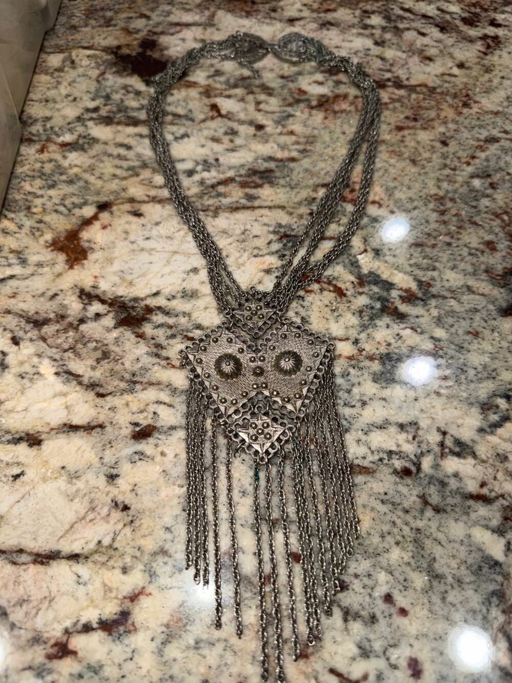 Vintage Tribal Style Silver-Tone Fringe Statement Necklace
